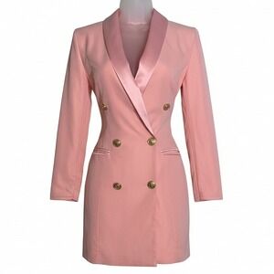 XS Pink Double Breasted Blazer Dress Satin Lapel Gold Buttons